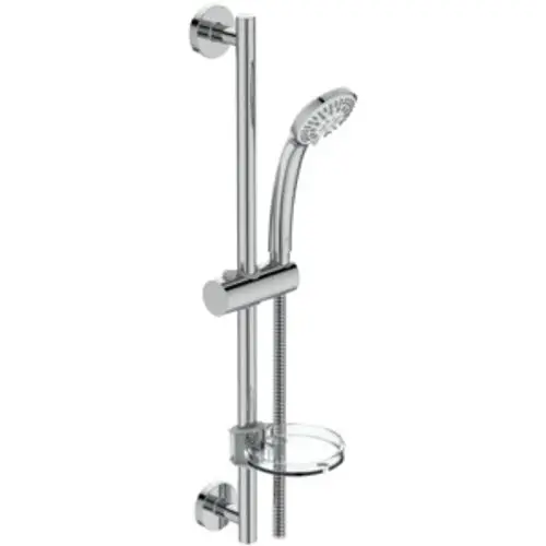 Handbrause mit Halterung und Ablage von Ideal Standard, aus verchromtem Material. Die Brause hat mehrere Funktionen und ist an einer vertikalen Stange montiert.